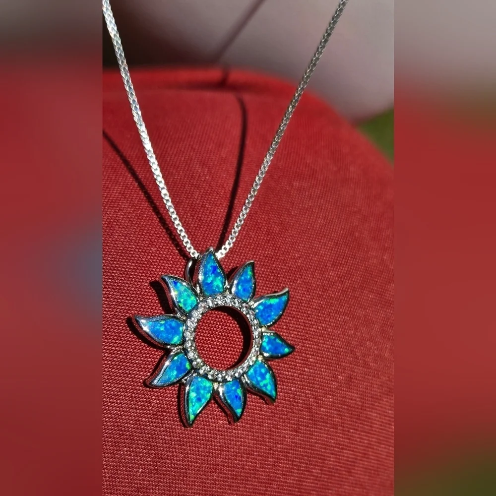 Sterling Silver 925 Necklace Silver 925 Blue Sunflower Opal Pendant Necklace - Picture 8 of 17